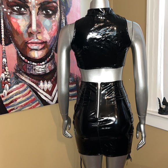Goth laced pleather faux leather mini skirt top dominatrix rave club cyber crop - Picture 13 of 15